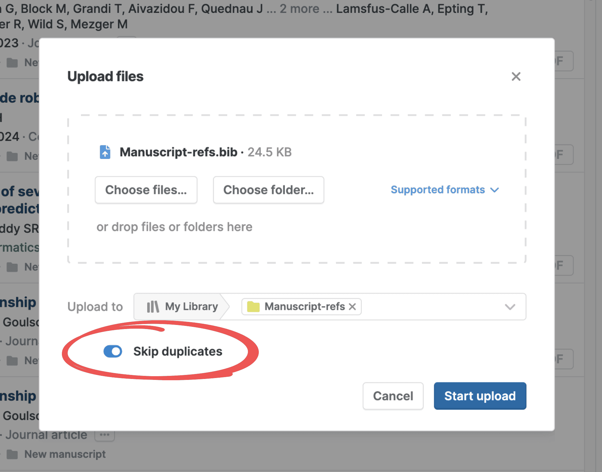 The Upload files dialog with “Manuscript-refs.bib · 24.5 KB” queued, an “Upload to” selector set to a Manuscript-refs folder, and the “Skip duplicates” toggle circled in the on position.